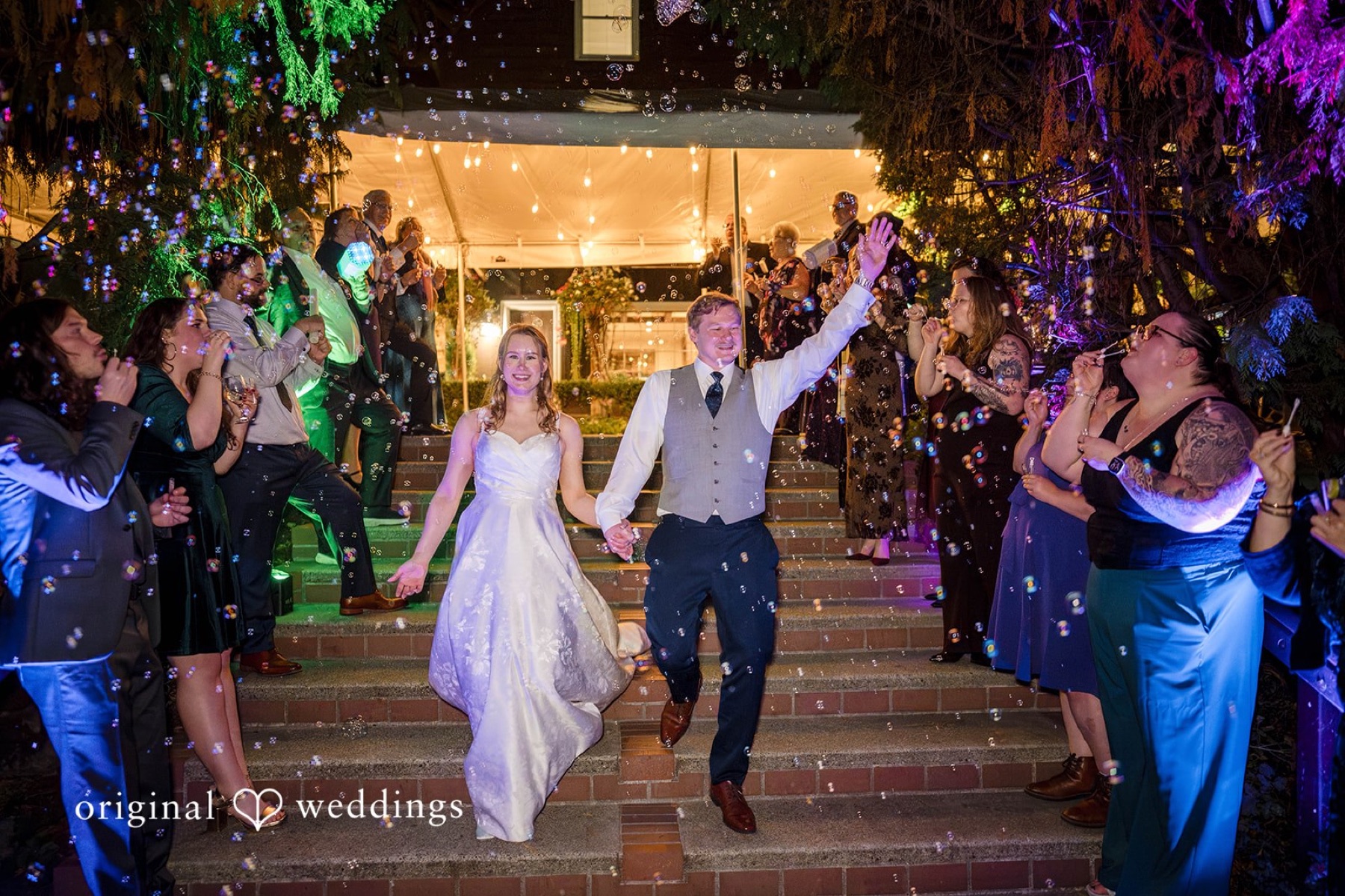 A Seattle wedding reception set for dinner in warm evening light